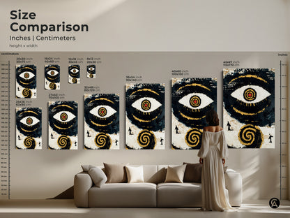 Size Comparison of Abstract Eye Art shows the artwork in inches and centimeters. The canvas and poster print sizes range to fit any space. Visualize how the artwork transforms your living room with this size comparison. Perfect wall decor for spiritual home offices and more.