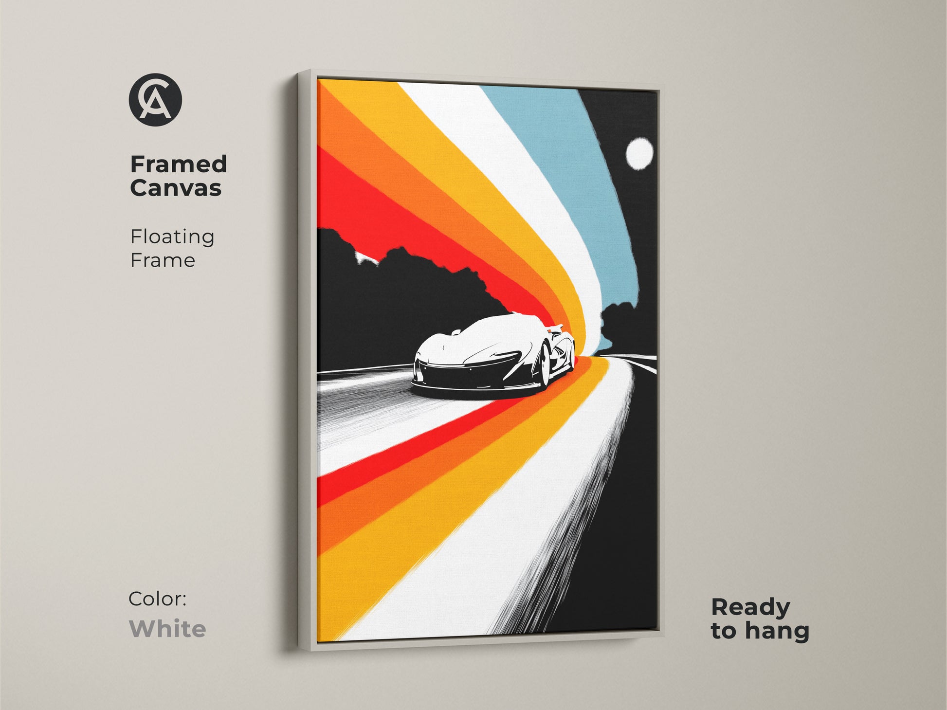 Framed canvas of a retro sports car with a white floating frame. This modern abstract vehicle art fits seamlessly with any decor. The vibrant speed lines make a cool retro print. Ideal wall art for your home or office.