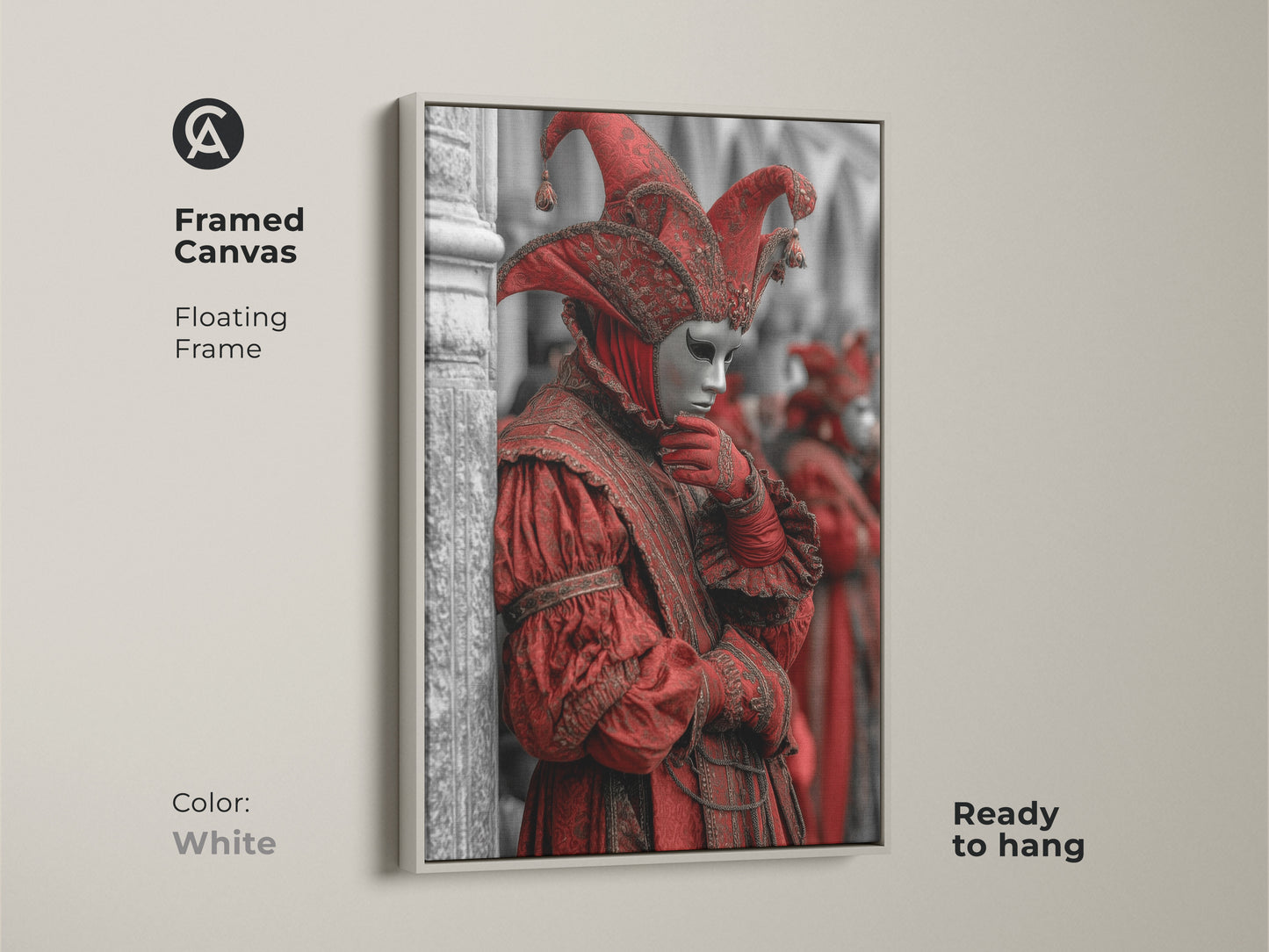 Framed canvas artwork print featuring a Venetian Carnival jester. Red mask masquerade artwork. Gothic Baroque costume art for eclectic homes. Italian festival decor framed in white. A unique art piece is ready to hang.