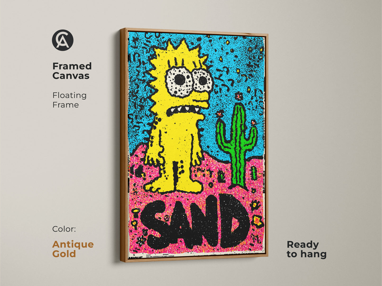 Antique Gold Framed Canvas Simpsons Inspired Art. A floating frame in antique gold complements the artwork of a yellow cartoon character and cactus. Ready to hang it adds a vintage touch.