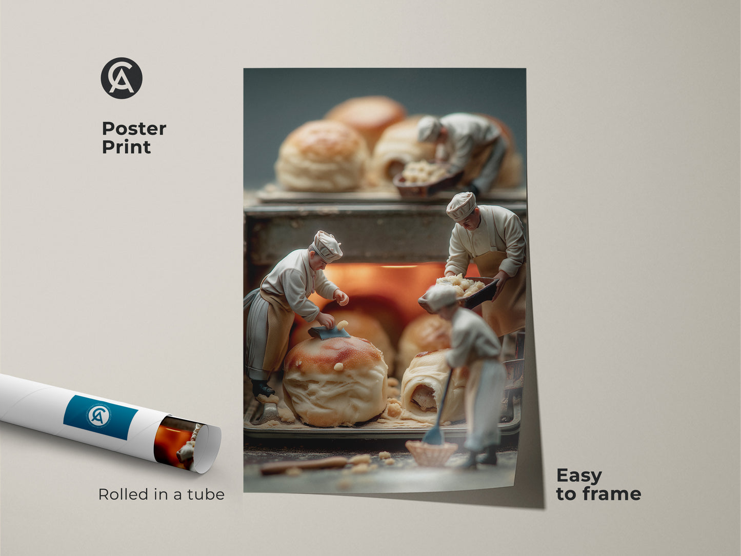 Poster print featuring miniature chefs baking pastries. This museum-quality paper print is rolled in a tube. It's easy to frame and ideal for art enthusiasts. The artwork adds a touch of whimsy to any room. Perfect for bakeries or kitchen decor.