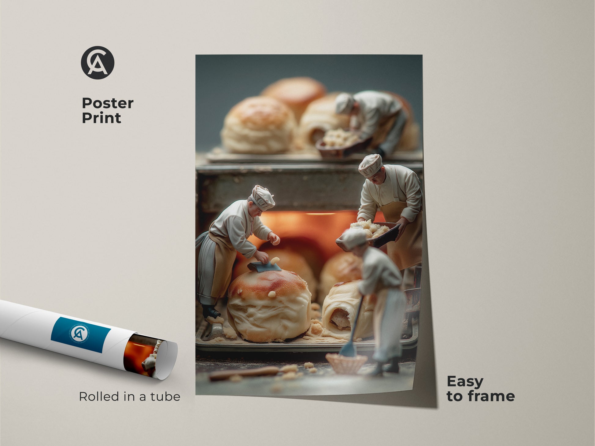 Poster print featuring miniature chefs baking pastries. This museum-quality paper print is rolled in a tube. It's easy to frame and ideal for art enthusiasts. The artwork adds a touch of whimsy to any room. Perfect for bakeries or kitchen decor.