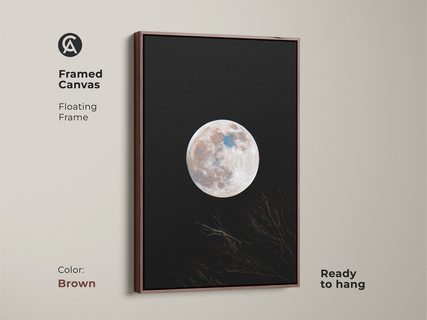 Framed canvas moon art in a brown floating frame. This wall art features a full moon against a black sky. Branches are silhouetted at the bottom. Ready to hang. Find framed moon art for your space today.