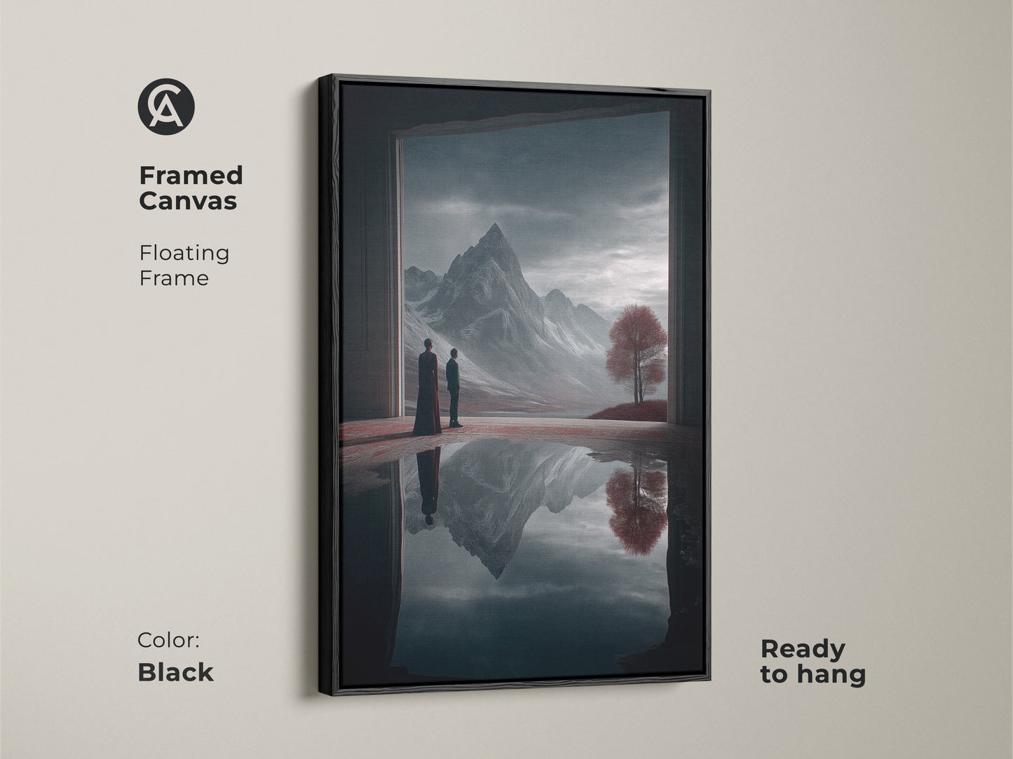 Framed canvas art of a surreal mountain landscape with a floating black frame. This ready-to-hang fantasy art features two figures contemplating a crimson tree and a deep blue mountain reflection enhancing any eclectic space.