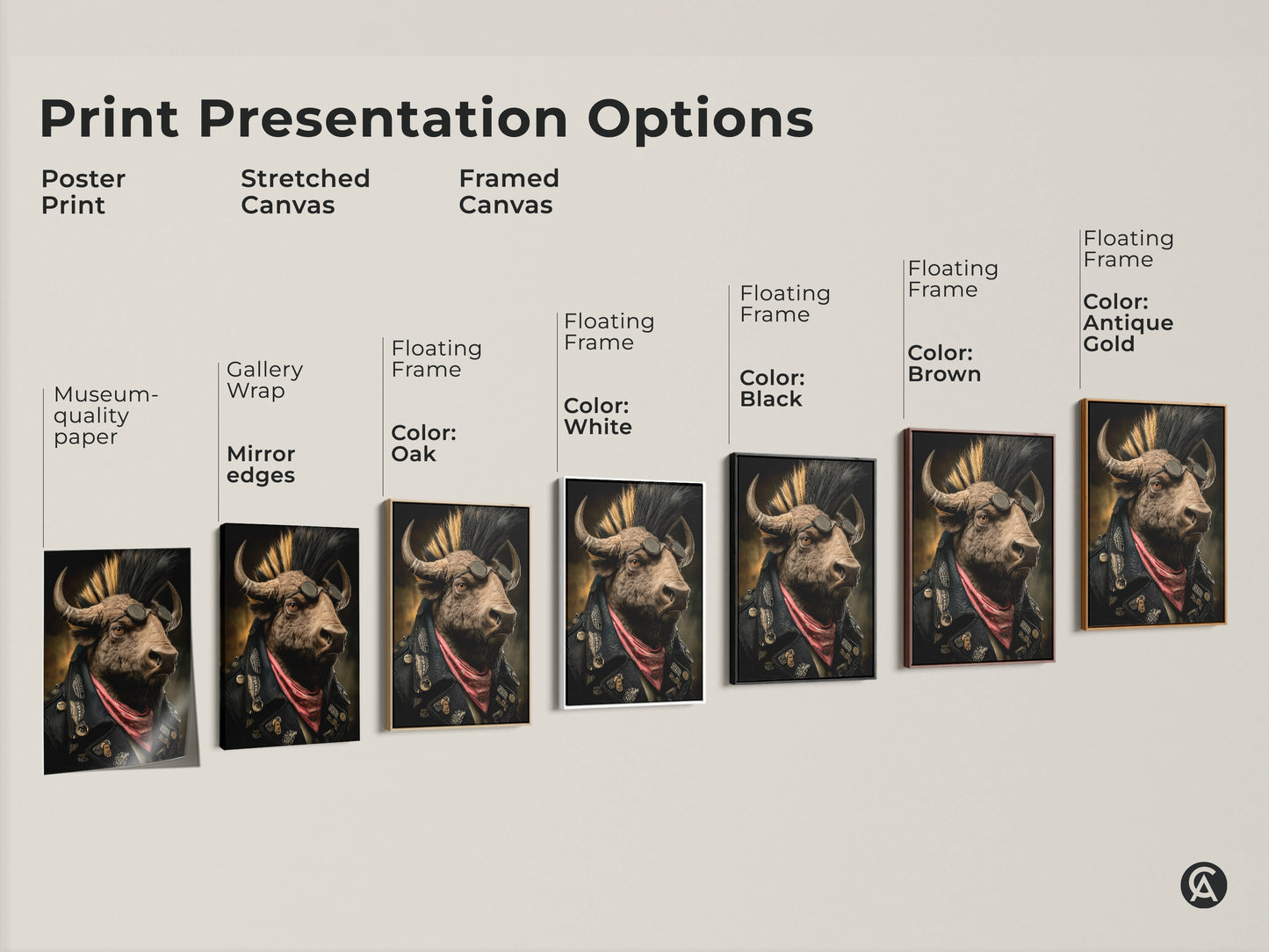 Print Presentation Options for Mohawk Biker Buffalo Canvas. The artwork features options such as poster prints stretched canvas and framed canvas. It complements eclectic wall art and rock music-themed decor. Perfect for rock music fans gothic and eclectic interiors.