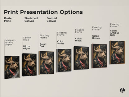 Print Presentation Options for Mohawk Biker Buffalo Canvas. The artwork features options such as poster prints stretched canvas and framed canvas. It complements eclectic wall art and rock music-themed decor. Perfect for rock music fans gothic and eclectic interiors.