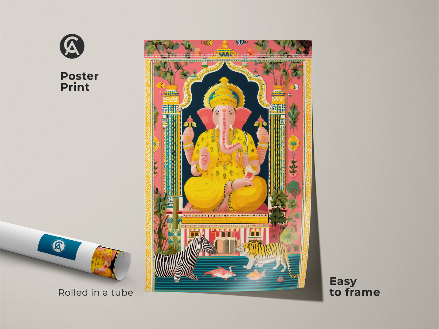 Spiritual Ganesha Wall Art Print. This easy-to-frame poster features vibrant folk art rolled in a tube. The religious art incorporates elements like tigers zebras adding worldly charm. Perfect as spiritual piece or a housewarming gift