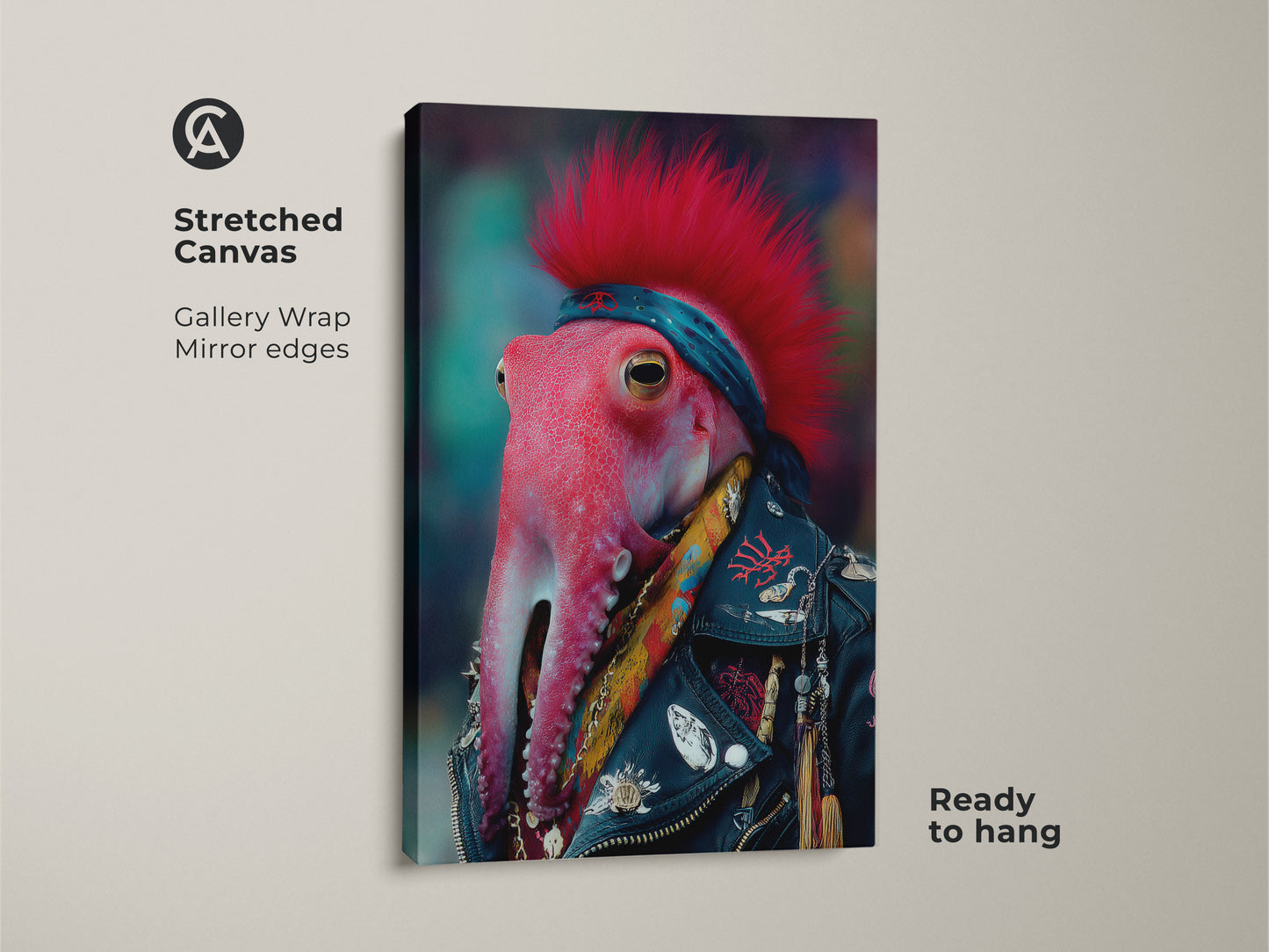 Stretched Canvas of a Punk Rocker Octopus. This surreal animal art print is ready to hang. Gallery wrapped canvas with mirror edges for a unique home decor look.