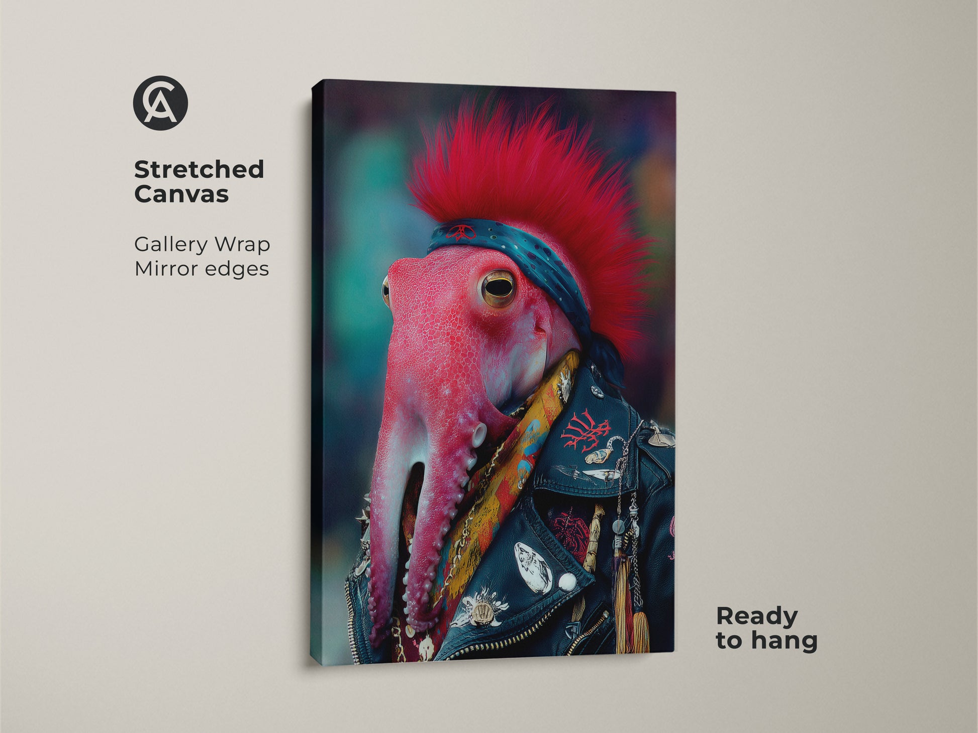 Stretched Canvas of a Punk Rocker Octopus. This surreal animal art print is ready to hang. Gallery wrapped canvas with mirror edges for a unique home decor look.