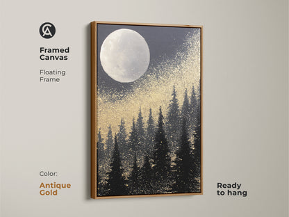 Elevate your decor with this framed abstract moon forest canvas art. The antique gold frame highlights the gold splatter night sky art. This black and white celestial landscape is a focal point. The eclectic bedroom wall decor adds sophistication. This artistic moon painting is a great conversation starter. Ready to hang and admire.