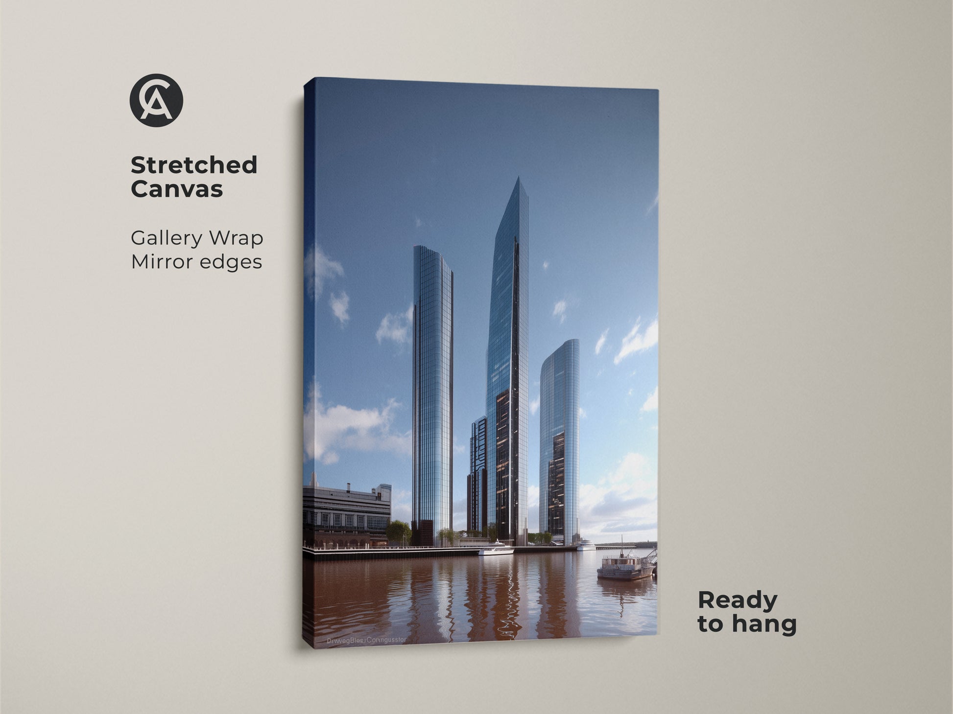 Stretched canvas featuring contemporary architecture art of a city skyline. Gallery wrap with mirrored edges creates a modern aesthetic ready to hang. The steel blue and gray tones make this skyscraper art print ideal as minimalist decor.