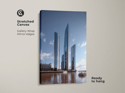 Stretched canvas featuring contemporary architecture art of a city skyline. Gallery wrap with mirrored edges creates a modern aesthetic ready to hang. The steel blue and gray tones make this skyscraper art print ideal as minimalist decor.