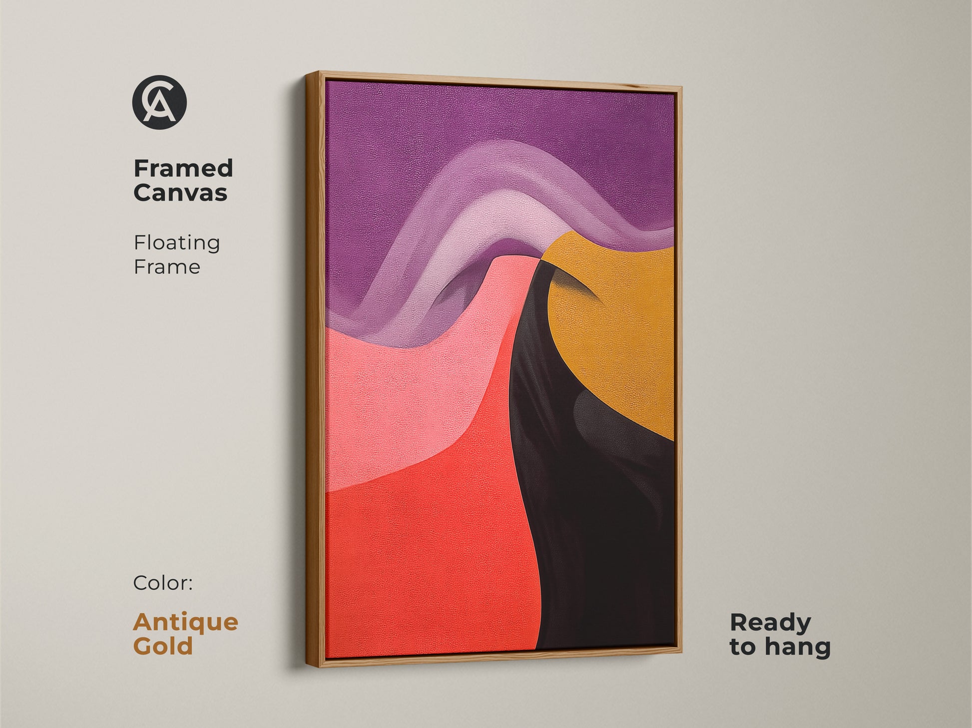 Antique gold framed canvas print with a floating frame. Abstract swirl wall art in purple pink red and gold is a contemporary piece. Its ready to hang and an elegant addition to home decor.