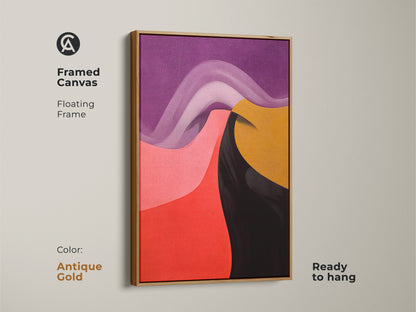 Antique gold framed canvas print with a floating frame. Abstract swirl wall art in purple pink red and gold is a contemporary piece. Its ready to hang and an elegant addition to home decor.