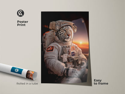A poster print displays a white leopard astronaut. This animal in helmet print is easy to frame. It is a unique sci-fi artwork. This surreal space animal print brings a contemporary touch to any office or home setting. Perfect as gift for space fan.