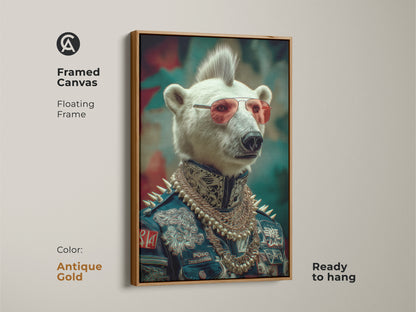 This canvas art print features a punk rocker polar bear framed in antique gold. The navy red teal artwork has an eclectic style. The fantasy portrait is ready to hang. This is an alternative gift for game rooms.