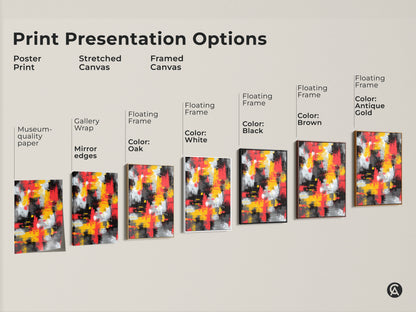 Explore print presentation options for abstract art. Choose from poster print stretched canvas and framed canvas. Each artwork features dynamic colors of red yellow black and white. Find the perfect art to match your decor style. Elevate your space with these contemporary art options.