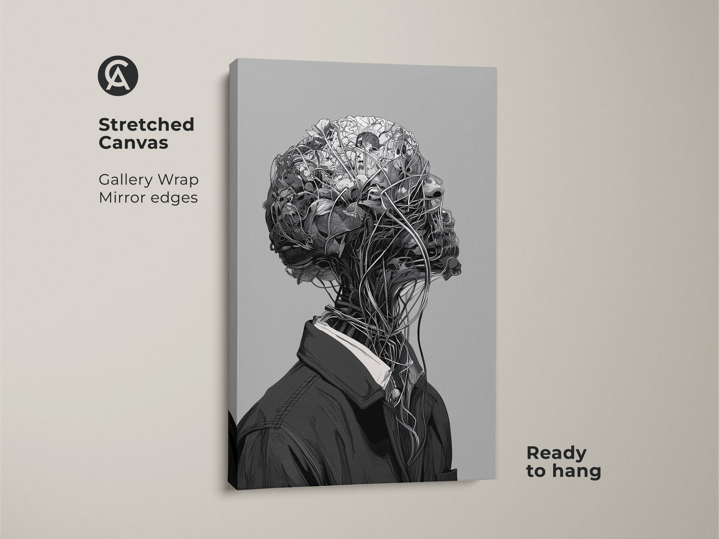 Stretched canvas art featuring a surreal botanical head. The artwork has gallery wrapped edges. The canvas is ready to hang. It presents a striking visual for modern art collectors. This canvas art adds depth to any room.