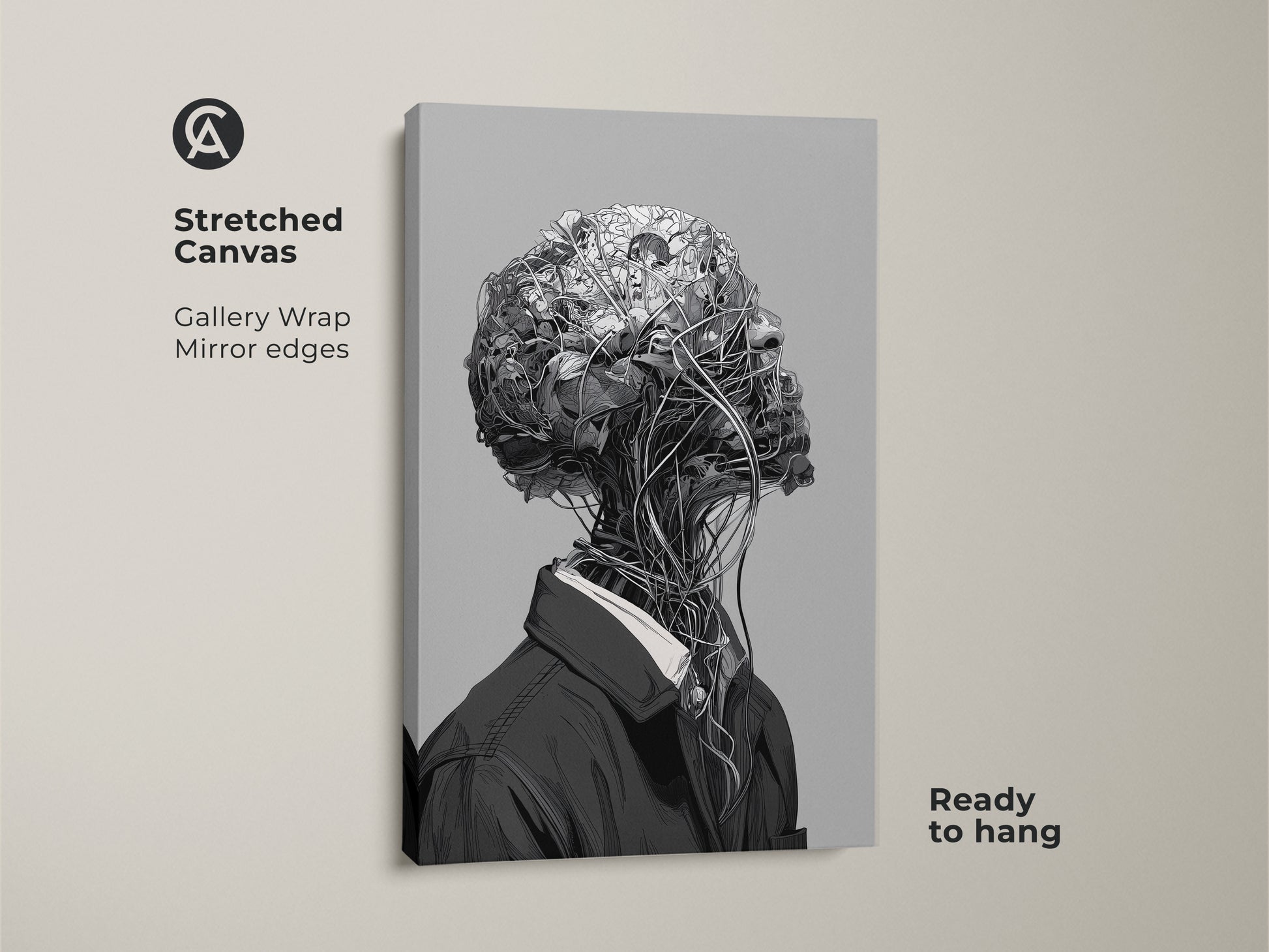 Stretched canvas art featuring a surreal botanical head. The artwork has gallery wrapped edges. The canvas is ready to hang. It presents a striking visual for modern art collectors. This canvas art adds depth to any room.