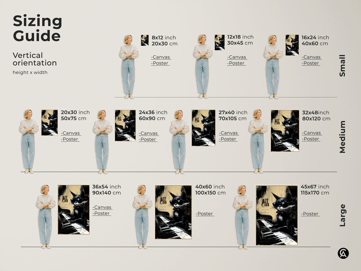 Sizing guide for jazz cat artwork. See the art in various sizes from small to large. Visualize how the artwork will look in your space. Find the ideal size to enhance your home decor with this art.