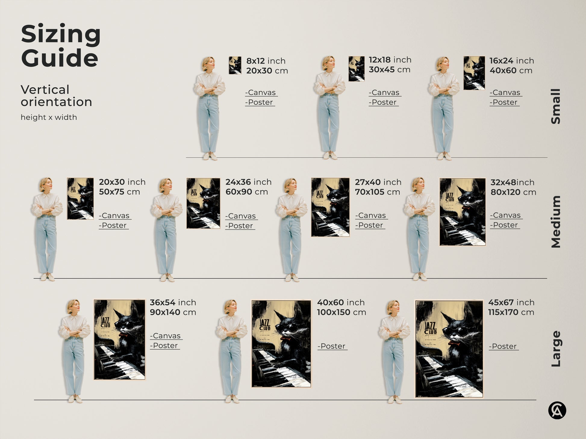 Sizing guide for jazz cat artwork. See the art in various sizes from small to large. Visualize how the artwork will look in your space. Find the ideal size to enhance your home decor with this art.