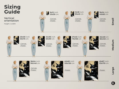Sizing guide for jazz cat artwork. See the art in various sizes from small to large. Visualize how the artwork will look in your space. Find the ideal size to enhance your home decor with this art.