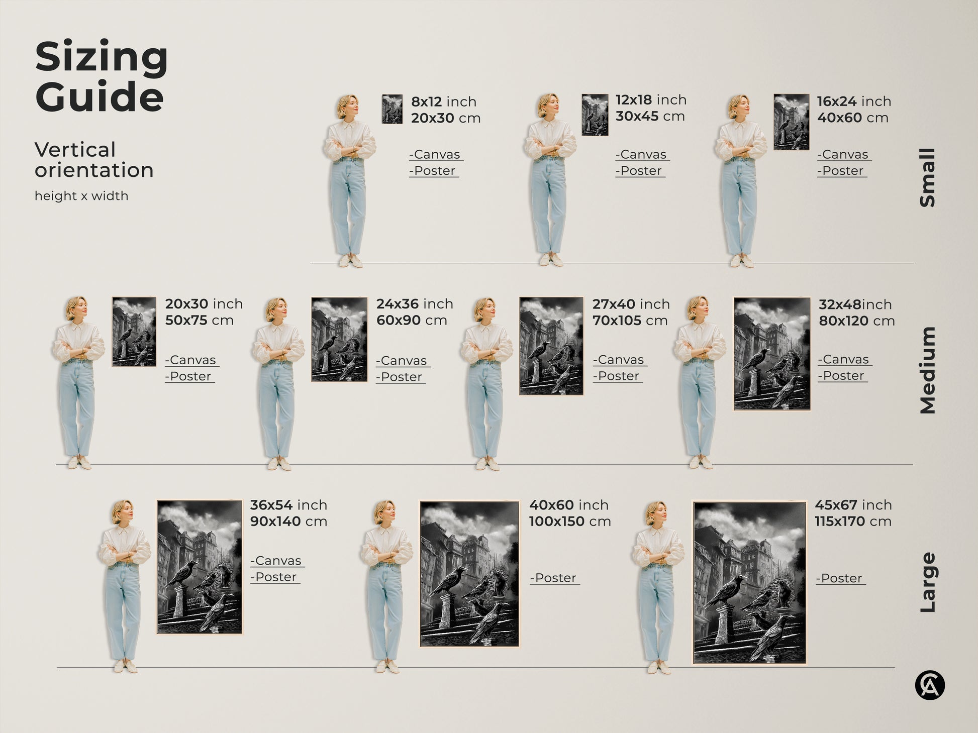 Sizing guide for vertical gothic crow art prints. Choose from canvas or poster options in various sizes. Find the perfect fit for your space with this dark academia cityscape wall art. The black and white urban architecture canvas is a unique gothic literature fan gift. Raven perched on building art adds a moody gothic touch. Ideal gothic wall hanging art.