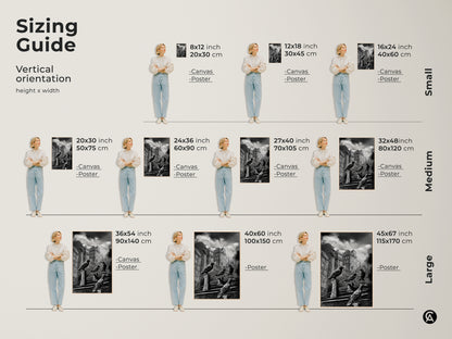 Sizing guide for vertical gothic crow art prints. Choose from canvas or poster options in various sizes. Find the perfect fit for your space with this dark academia cityscape wall art. The black and white urban architecture canvas is a unique gothic literature fan gift. Raven perched on building art adds a moody gothic touch. Ideal gothic wall hanging art.