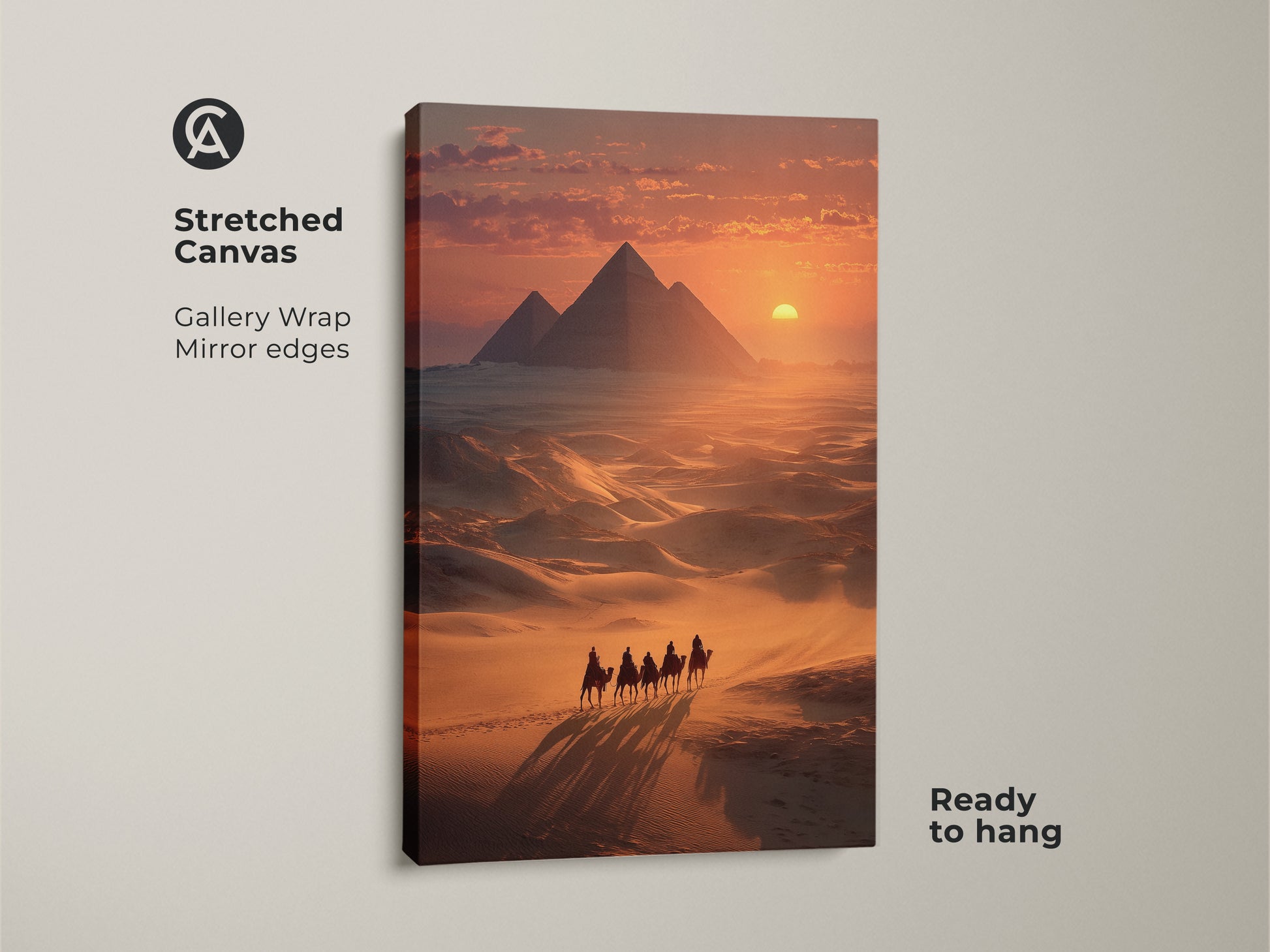 Stretched canvas print of Egyptian Pyramids & Camel Caravan. Gallery wrapped with mirror edges for a seamless look. Ready to hang and enjoy. This golden hour landscape wall artwork adds a touch of travel history to your home. Ideal eclectic home decor gift.