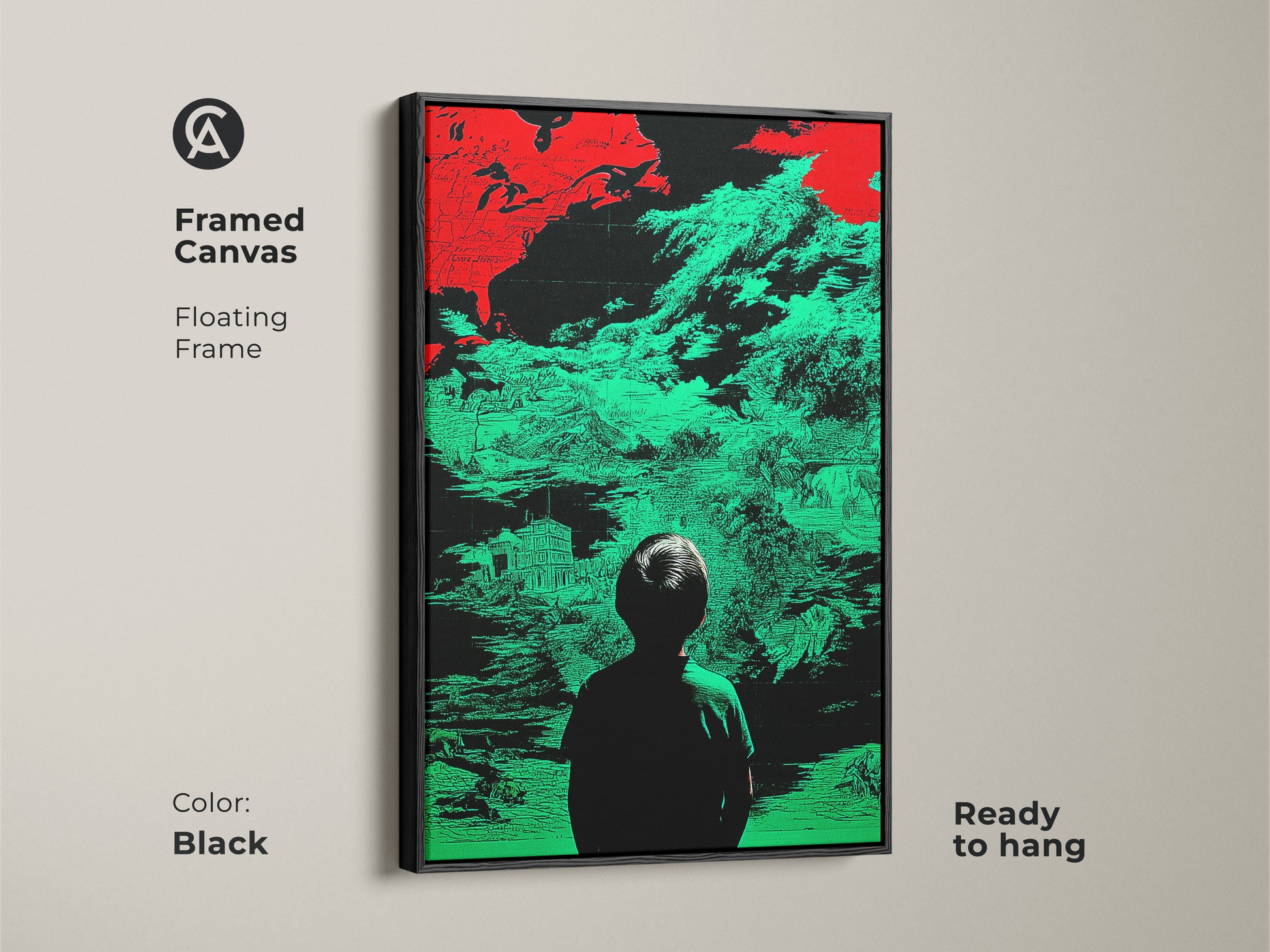 Framed canvas of a red and green glitch art print featuring a child silhouette. This abstract map artwork is ready to hang with a black floating frame. The conceptual figurative art adds a modern touch to your decor. It is perfect for office or study. Bring a unique wall hanging art to your space.