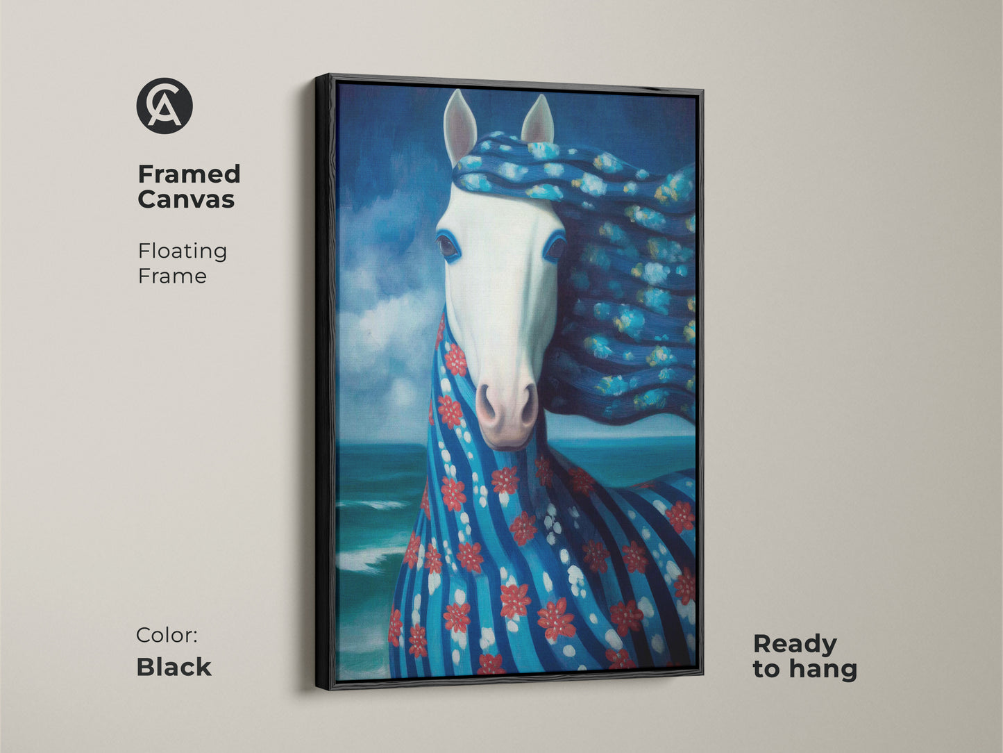 A framed canvas with a black floating frame showcases a surreal horse art print. The ready-to-hang artwork features a unique blend of deep blue and white. The turquoise horse decor adds an eclectic touch to any room.