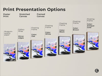 Print presentation options for abstract glitch art. Choose from poster print stretched canvas or framed canvas. Options include gallery wrap and floating frame in various colors. Find the perfect style for your space.
