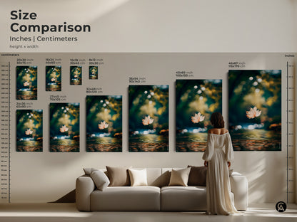 Size comparison for leaf artwork prints. Various sizes are available in inches and centimeters. See how the art complements a living room setting. Perfect for canvas or poster prints. Find your ideal size.