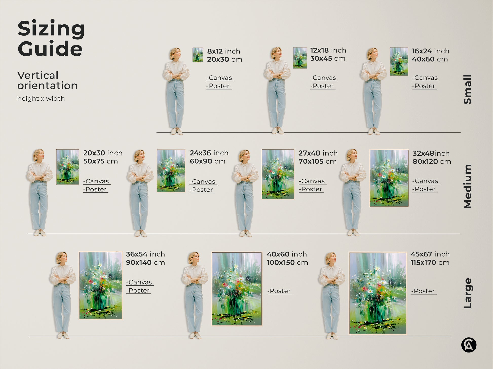 Sizing guide for vertical impressionistic wildflower art. See how different canvas and poster sizes fit various spaces. Perfect for boho and nature-inspired decor in bedrooms or living rooms. Visualize the impact of this botanical artwork in your home.