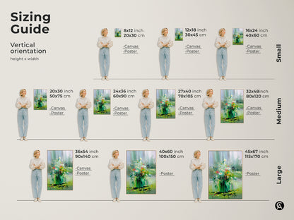 Sizing guide for vertical impressionistic wildflower art. See how different canvas and poster sizes fit various spaces. Perfect for boho and nature-inspired decor in bedrooms or living rooms. Visualize the impact of this botanical artwork in your home.