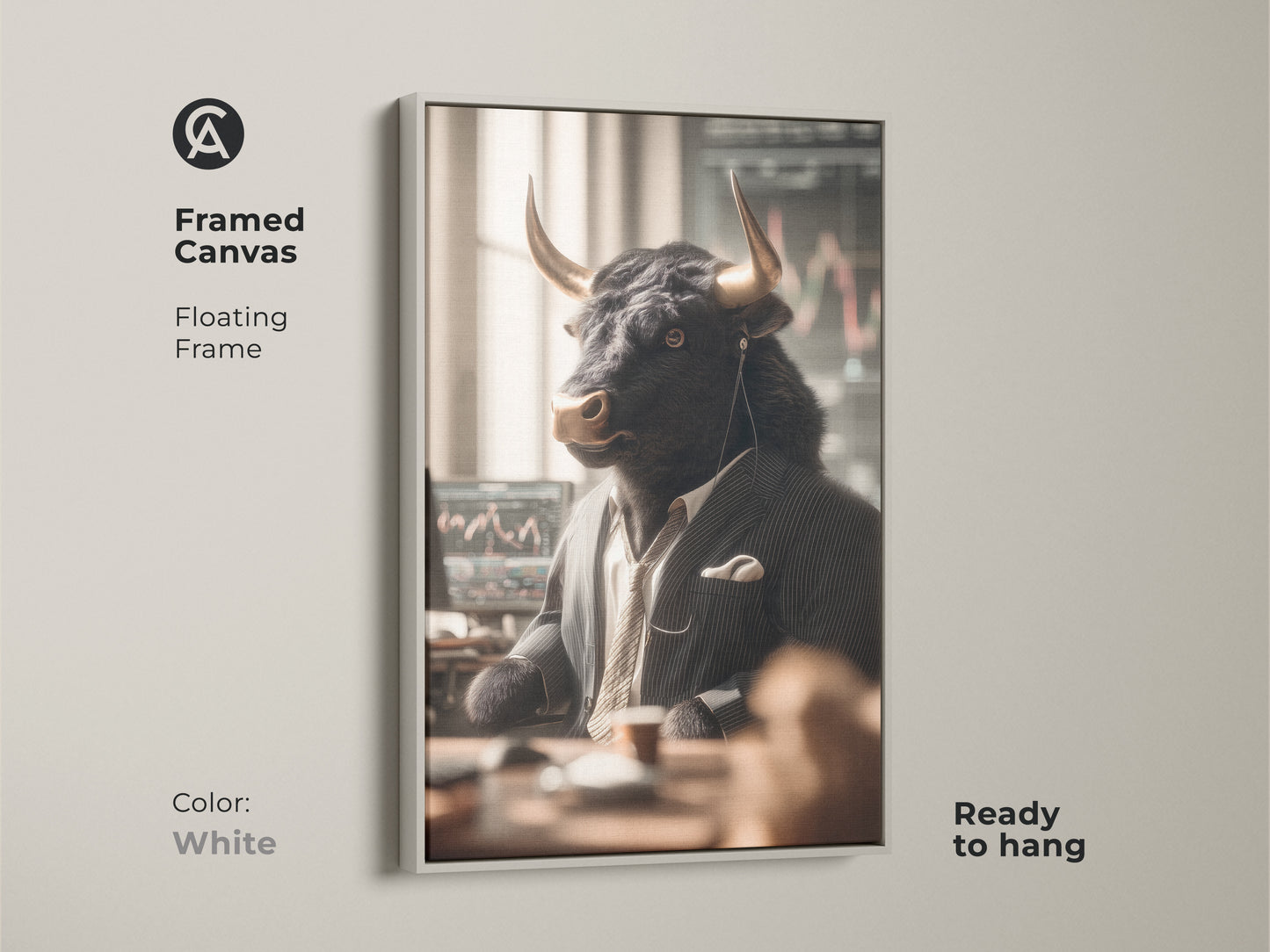 Framed canvas artwork of a bull dressed as a stock market trader. The floating frame is white. This ready to hang art brightens any space. The bull in a suit analyzes financial data. Add this unique art to your collection.