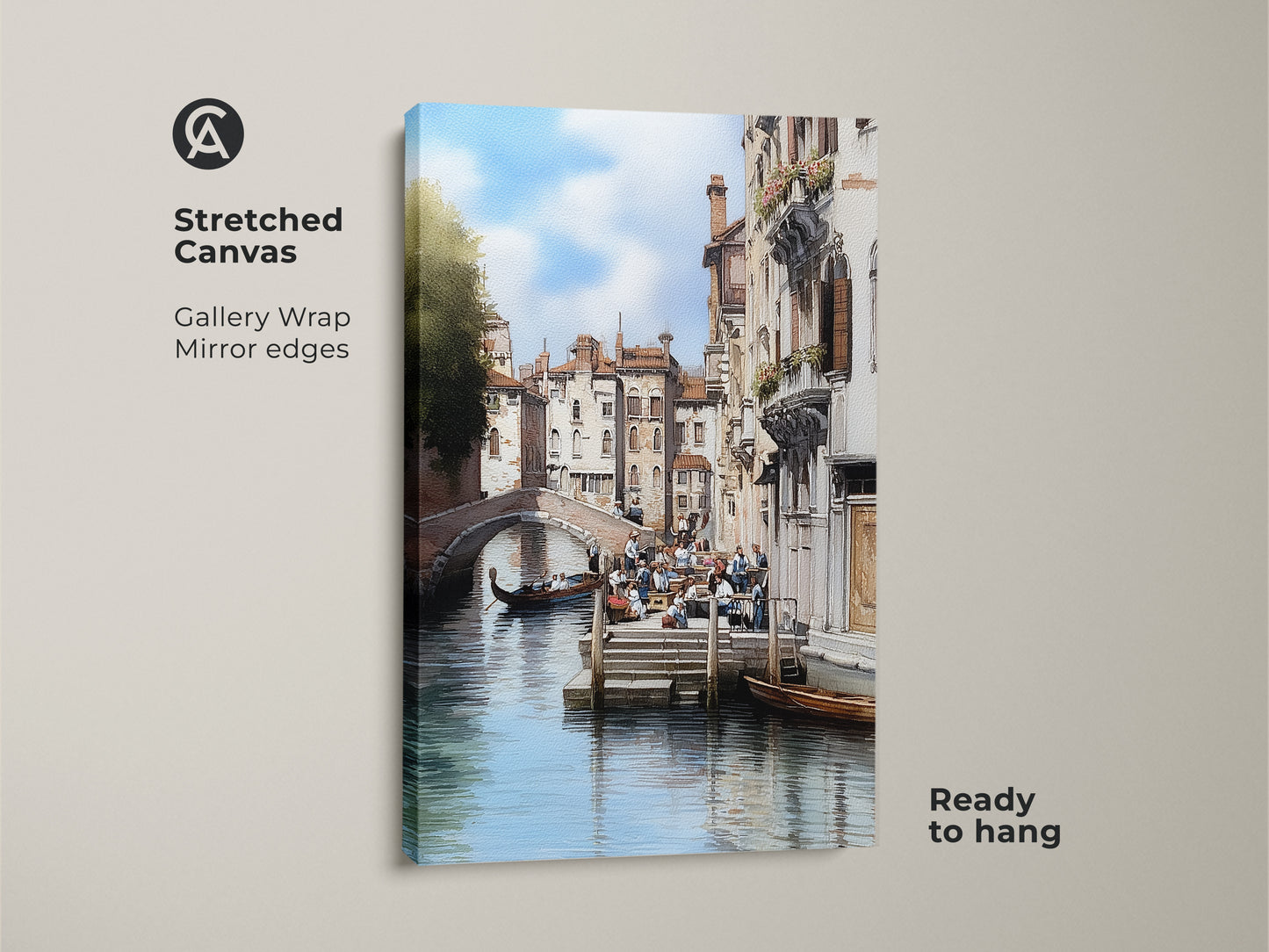Stretched canvas art print of a Venice canal with a gondola boat. The gallery wrap has mirror edges and is ready to hang. This Italian architecture art features a traditional cityscape. It is a perfect housewarming gift for travel lovers seeking European canal scene and elegant home decor.