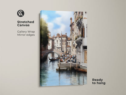Stretched canvas art print of a Venice canal with a gondola boat. The gallery wrap has mirror edges and is ready to hang. This Italian architecture art features a traditional cityscape. It is a perfect housewarming gift for travel lovers seeking European canal scene and elegant home decor.