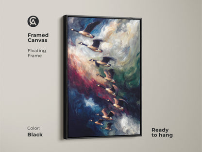 Framed canvas floating in a black frame displaying abstract geese art. Ready to hang wildlife art is perfect for contemporary decor. The indigo and dark blue sky brings a modern touch.