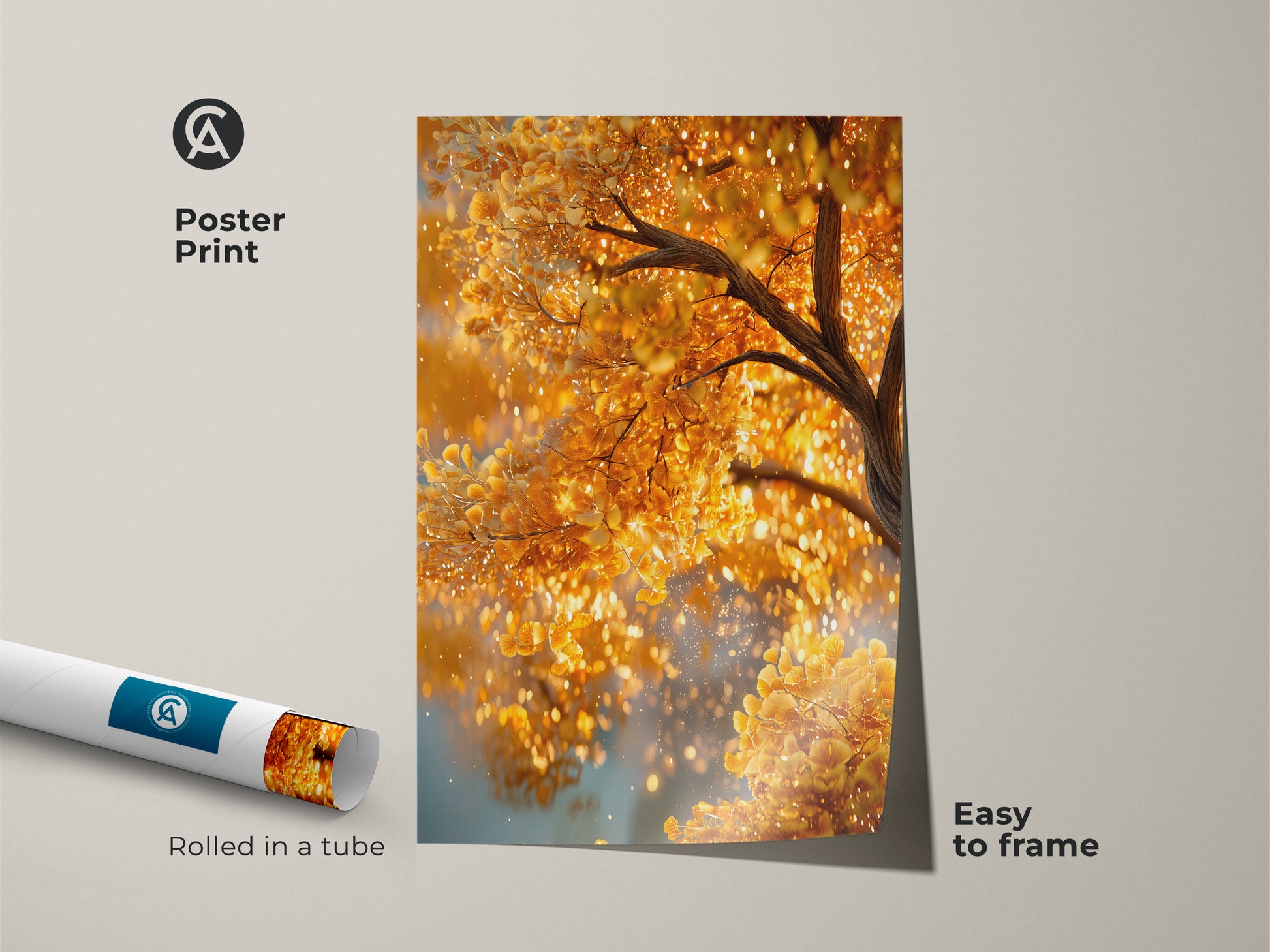 Poster print of a golden tree rolled in a tube. This museum-quality paper print is easy to frame. The golden leaves artwork adds a touch of nature to your home decor. A beautiful and affordable art solution.
