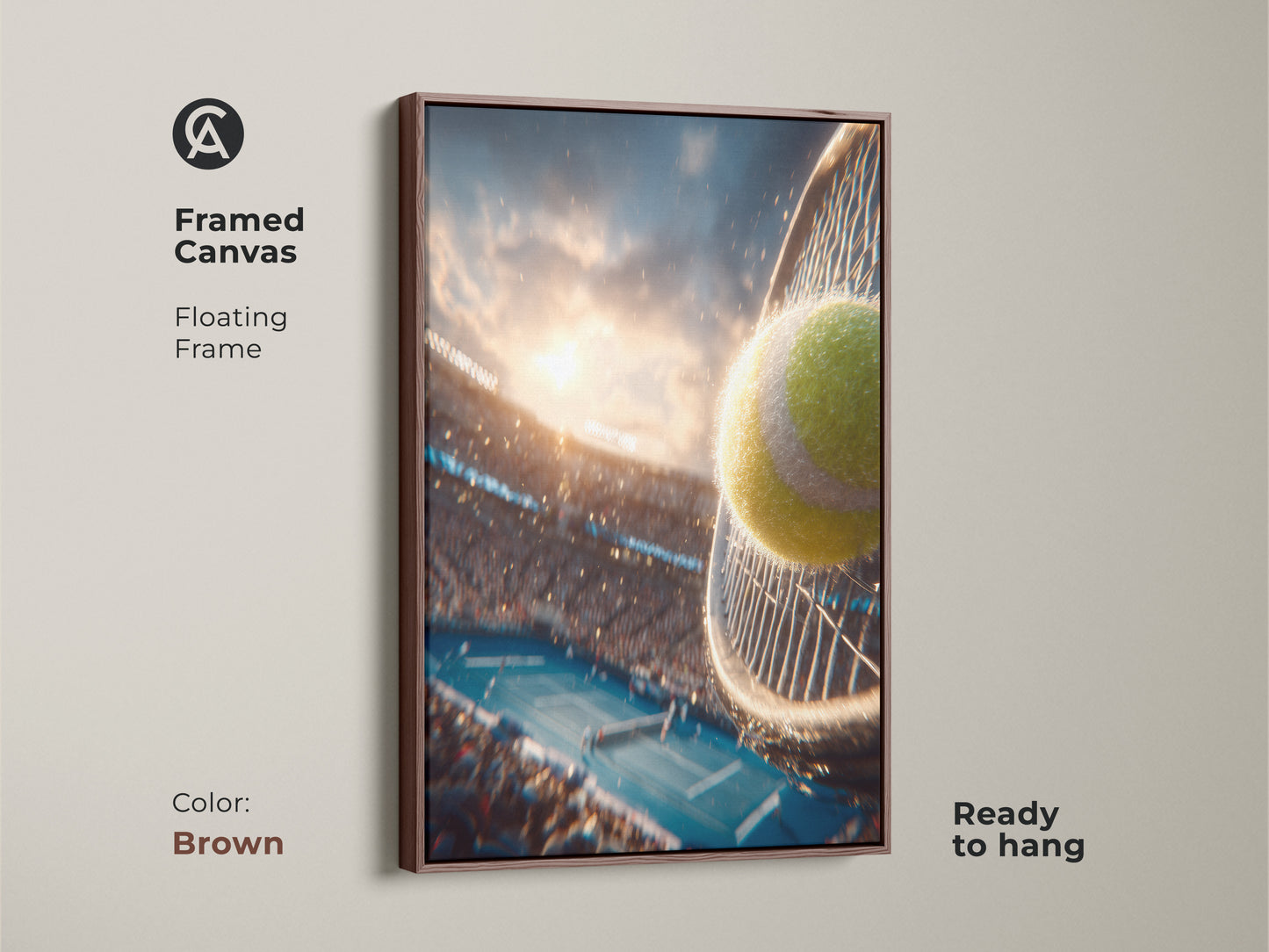 Framed canvas artwork with a floating frame. The brown frame enhances the artwork. The artwork is ready to hang. It shows a tennis ball hitting a racket during a match. The crowd is cheering in the background.