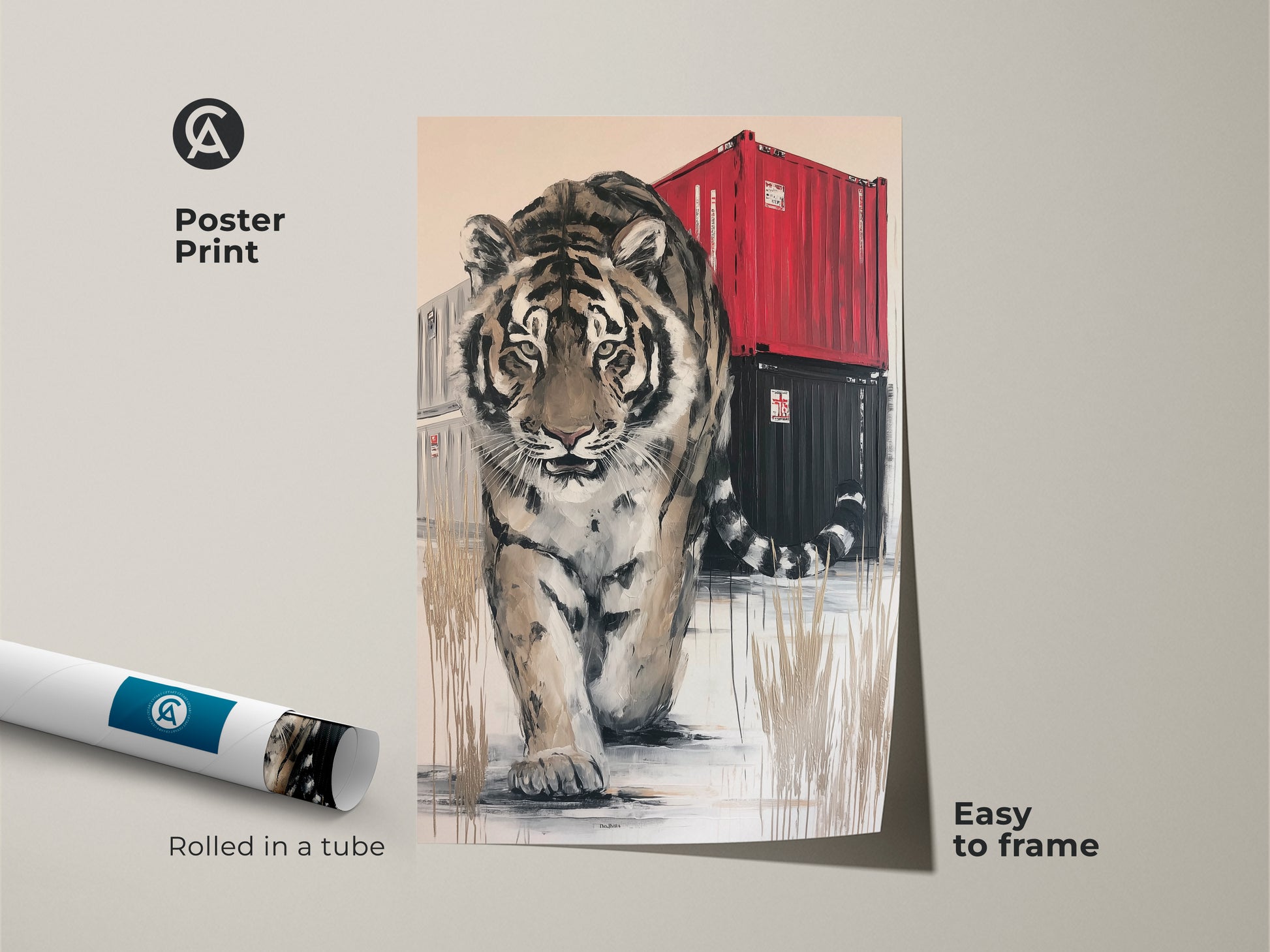 Tiger poster print showcasing a contemporary artwork. The tiger faces forward with shipping containers behind it. This animal wall decor is easy to frame and adds a bold touch to any room with its modern artistic style.