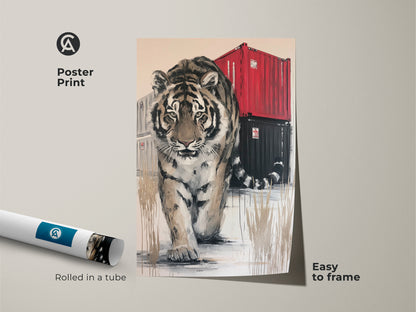 Tiger poster print showcasing a contemporary artwork. The tiger faces forward with shipping containers behind it. This animal wall decor is easy to frame and adds a bold touch to any room with its modern artistic style.