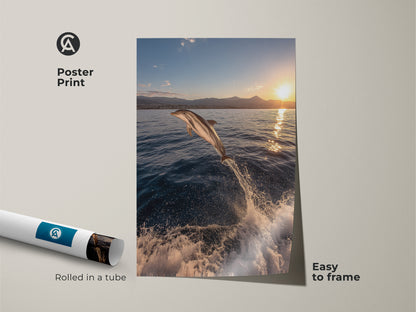 An easy-to-frame poster print showcasing a dolphin leaping from the ocean at sunset. Rolled in a tube for protection this ocean sunset canvas art captures a breathtaking scene. The print features a beautiful contrast of a golden yellow sky and deep blue sea. Perfect for coastal beach house decor.