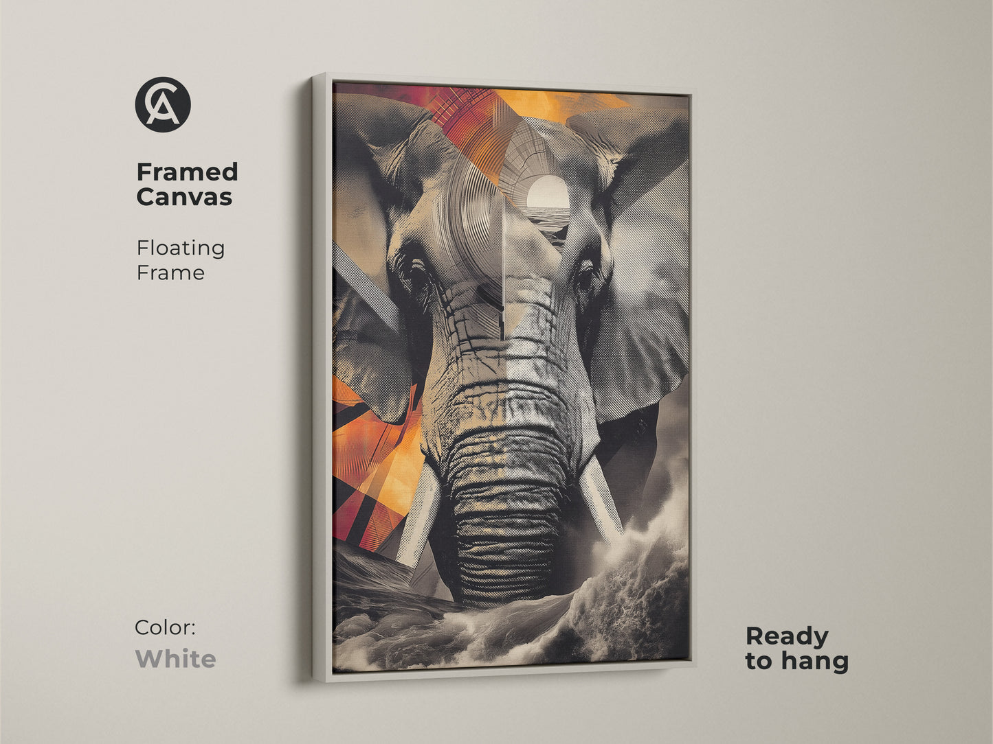 Framed canvas art with a white floating frame featuring an abstract elephant collage. The art print combines geometric elements with a monochrome color scheme. Ready to hang the unique nature artwork is perfect for a modern study. It makes a thoughtful gift.