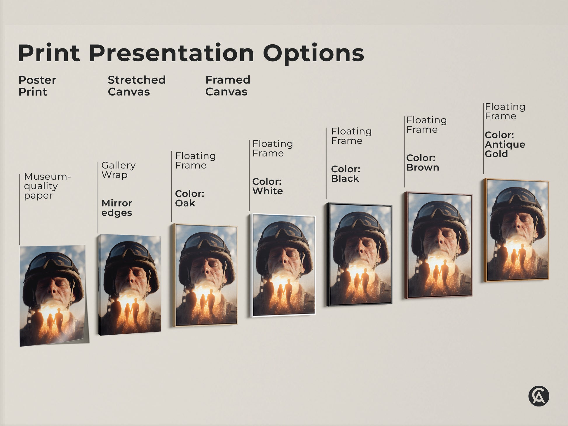 Explore print options for military family hope art. Choose from poster prints stretched canvas and framed canvas. Each features a conceptual soldier portrait in golden yellow and sky blue. Find the perfect veteran's day gift wall art.