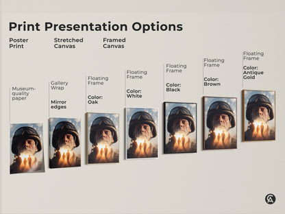 Explore print options for military family hope art. Choose from poster prints stretched canvas and framed canvas. Each features a conceptual soldier portrait in golden yellow and sky blue. Find the perfect veteran's day gift wall art.