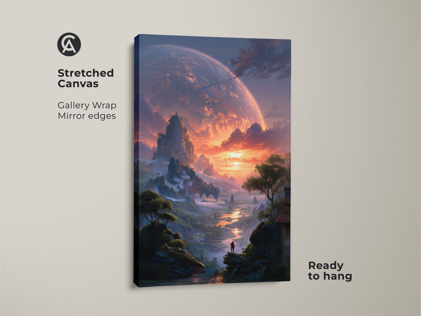 Sci-fi canvas art gallery wrap. Discover an epic fantasy wall decor featuring an alien planet landscape. Its mirror edges create a stunning visual effect. This stretched canvas is ready to hang. The vibrant contemporary print adds a modern touch to any space. A perfect sci-fi gift for fans.