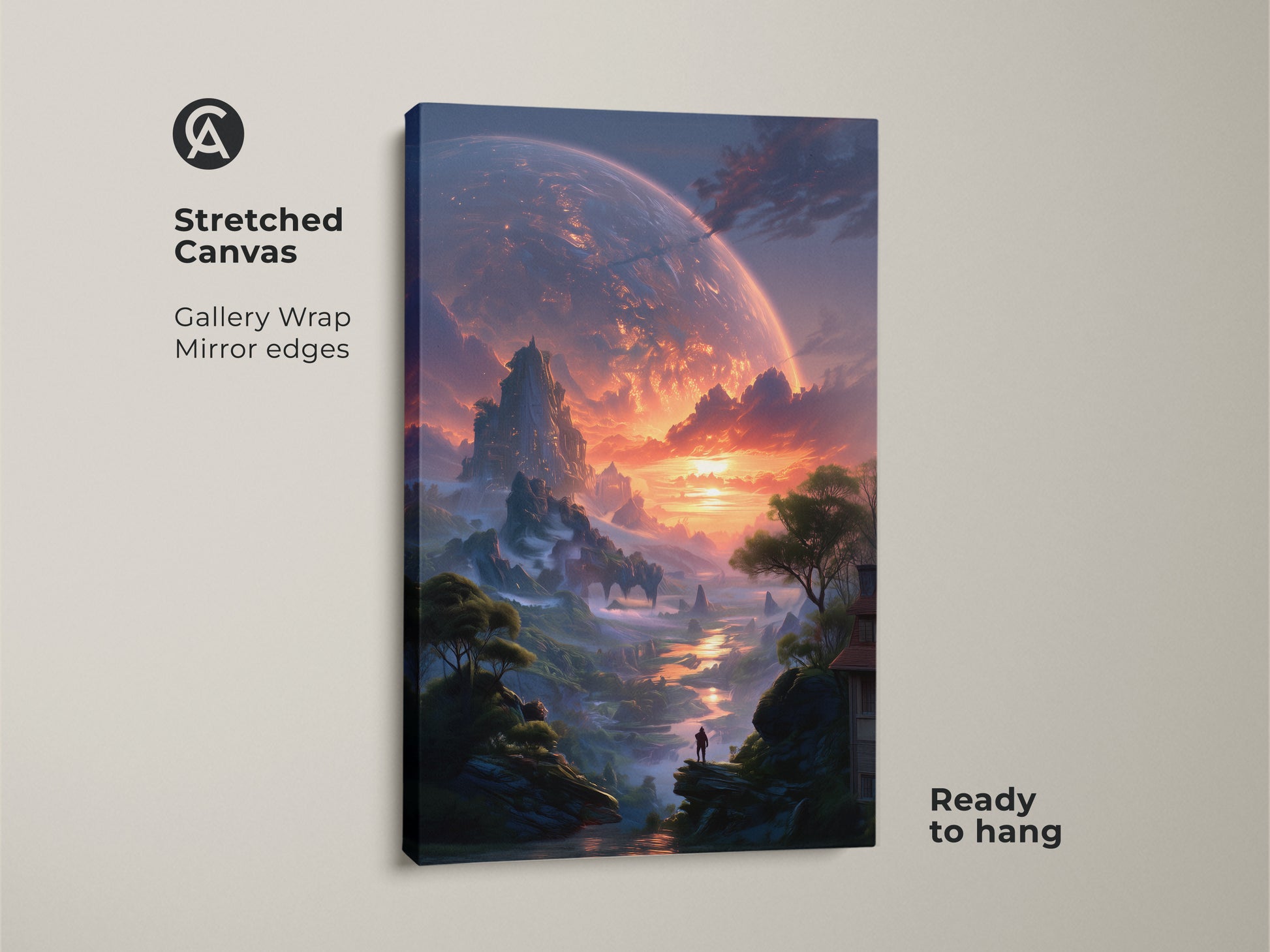 Sci-fi canvas art gallery wrap. Discover an epic fantasy wall decor featuring an alien planet landscape. Its mirror edges create a stunning visual effect. This stretched canvas is ready to hang. The vibrant contemporary print adds a modern touch to any space. A perfect sci-fi gift for fans.