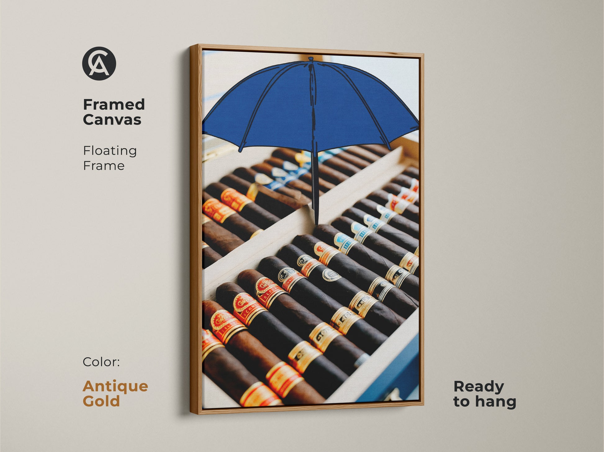 Antique gold framed canvas featuring a cigar box and blue umbrella. The cigar art is ready to hang. This premium artwork adds vintage charm. Great for a home bar or executive office. The abstract umbrella print brings a touch of surrealism. This is ideal masculine wall decor.